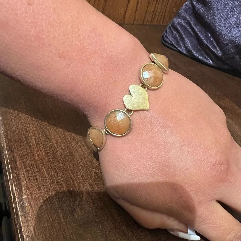 Lucky Brand Hearts & Faceted Orange Stone Bracelet Gold Tone Hammered Metal